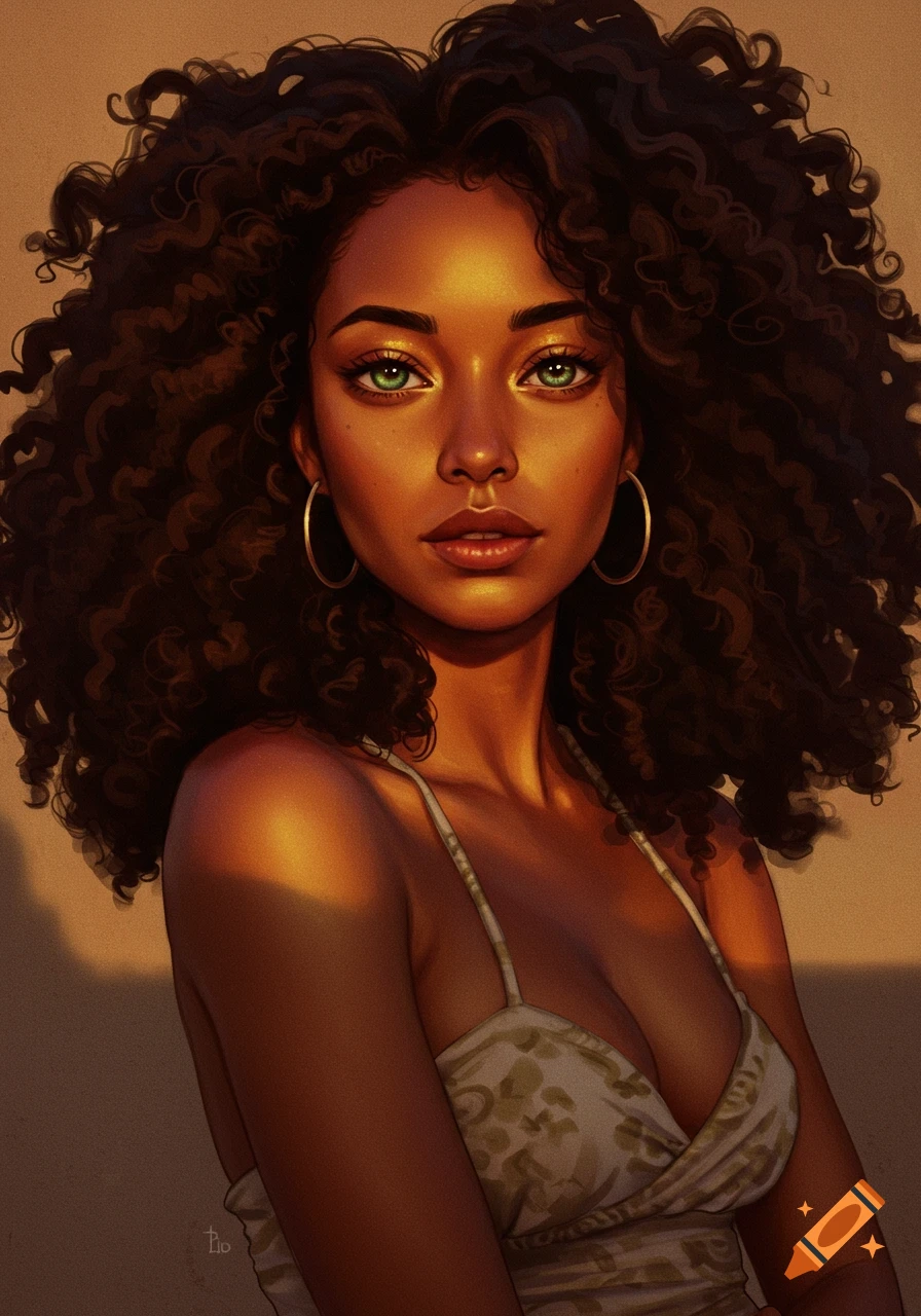 Close-up art portrait of a woman with dark curly hair, striking green eyes, and warm glowing skin, wearing hoop earrings.