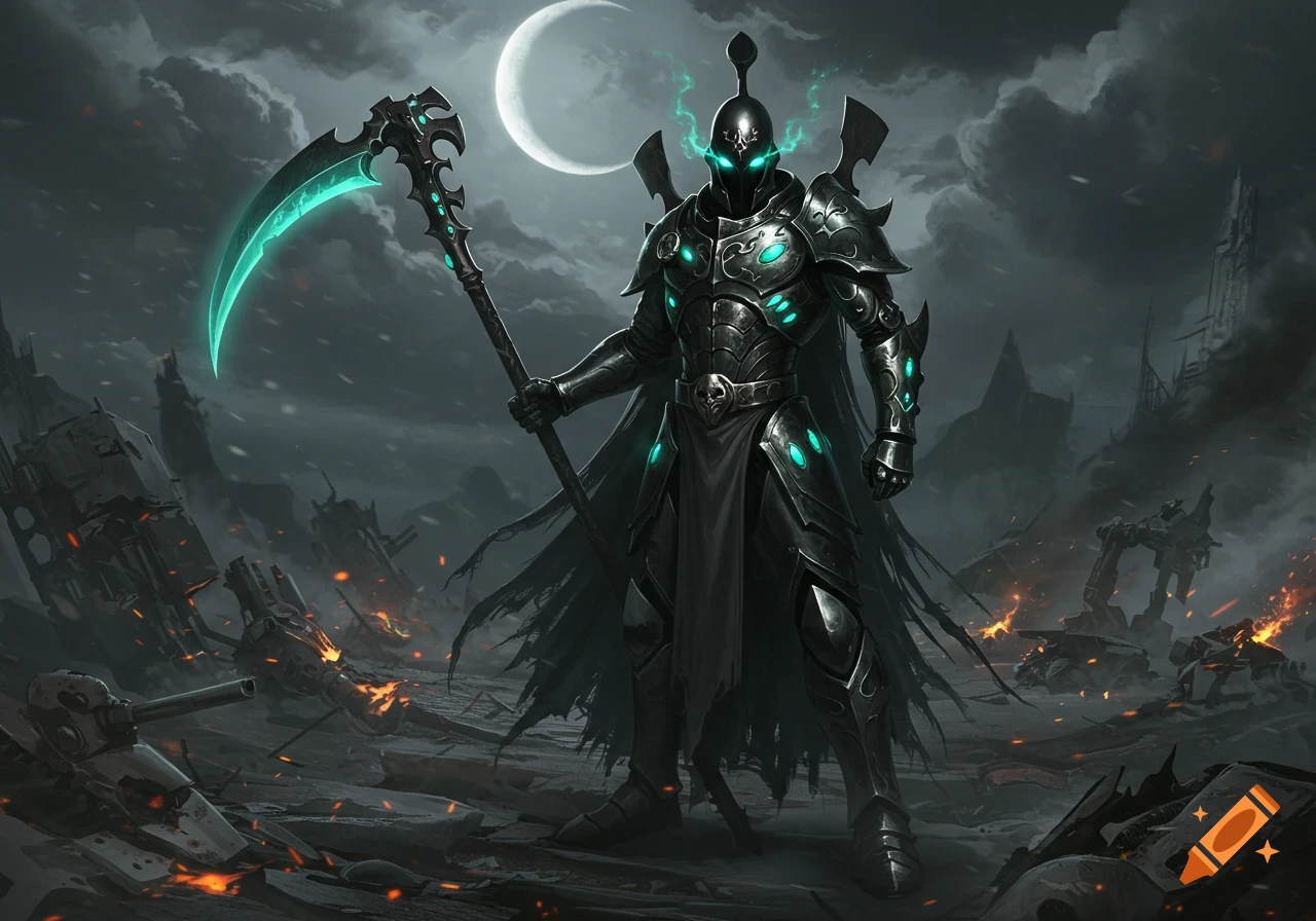 An armored warrior with a glowing scythe stands on a dark, desolate battlefield under a crescent moon.