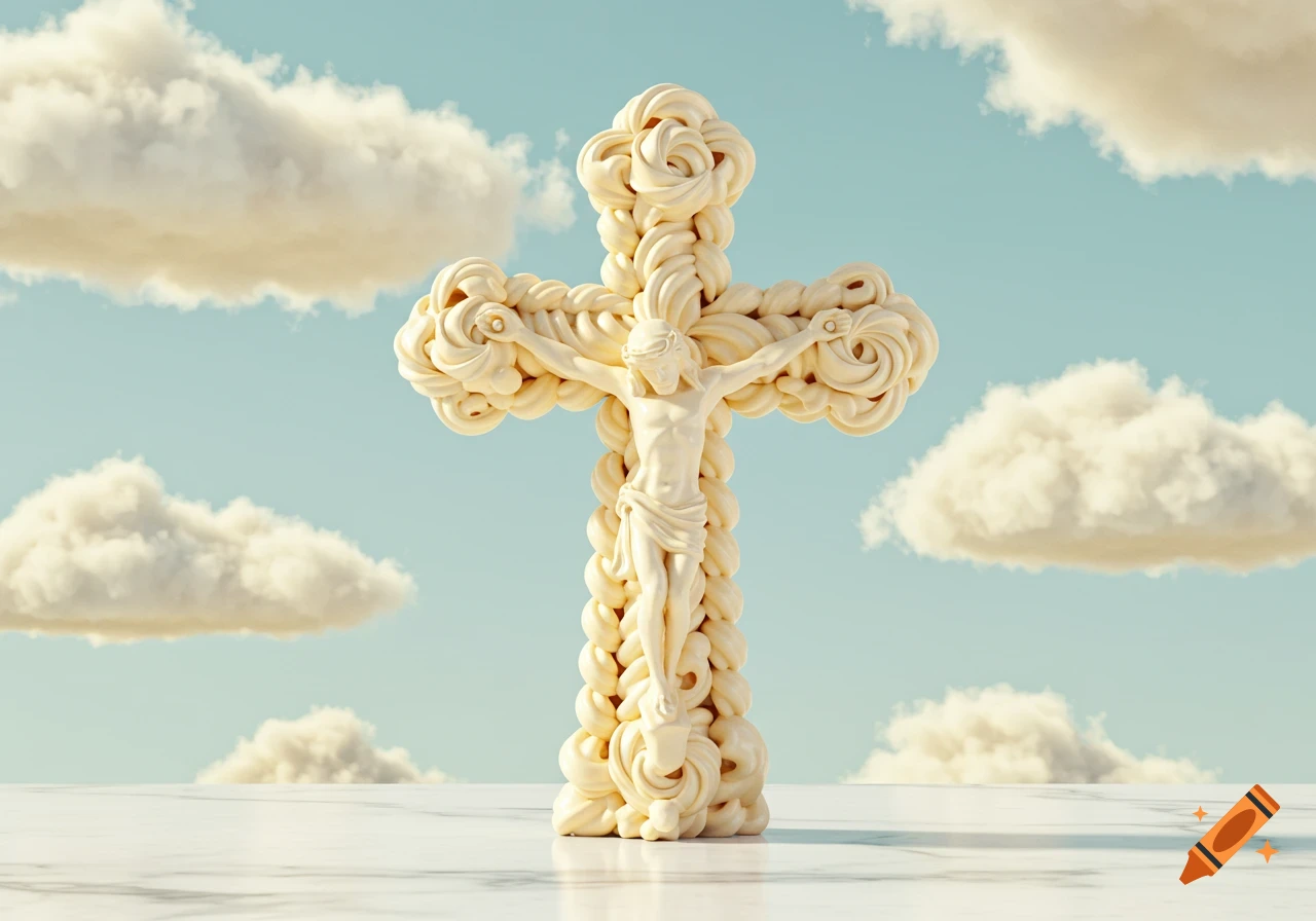 A crucifix with Jesus made of white meringue against a pale blue sky with fluffy white clouds, on a white marble surface.