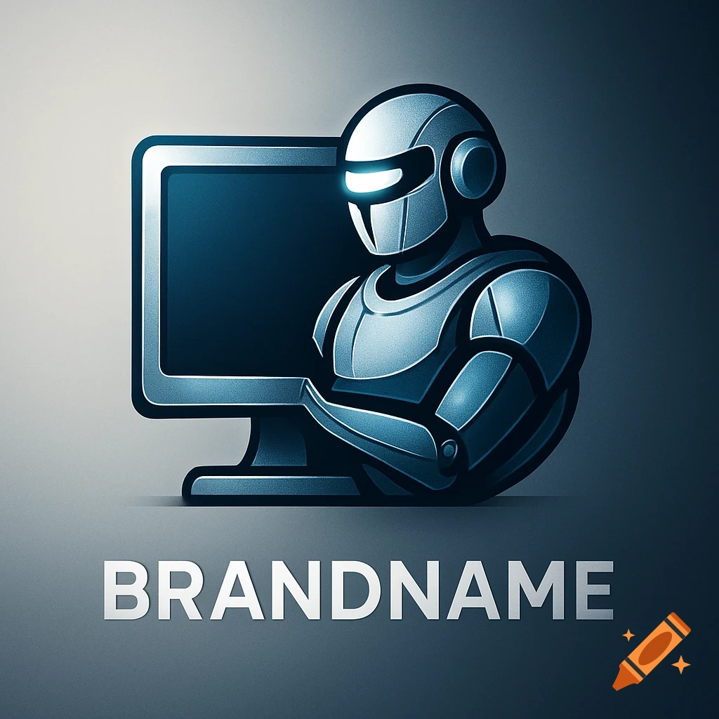A stylized blue and grey robot beside a computer monitor, with 'BRANDNAME' text, in a logo design.