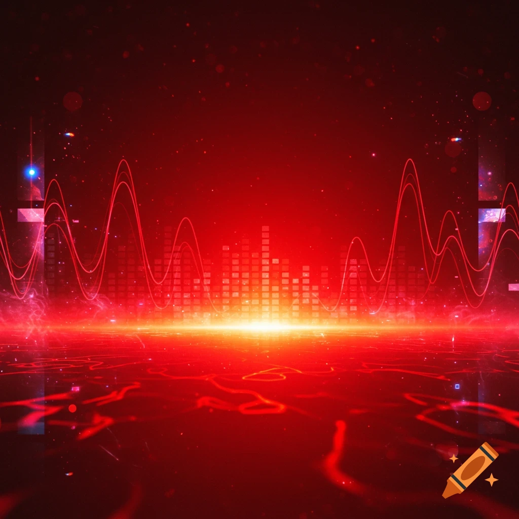 A vibrant red electronic background with glowing equalizer bars, sound waves, and abstract light effects.