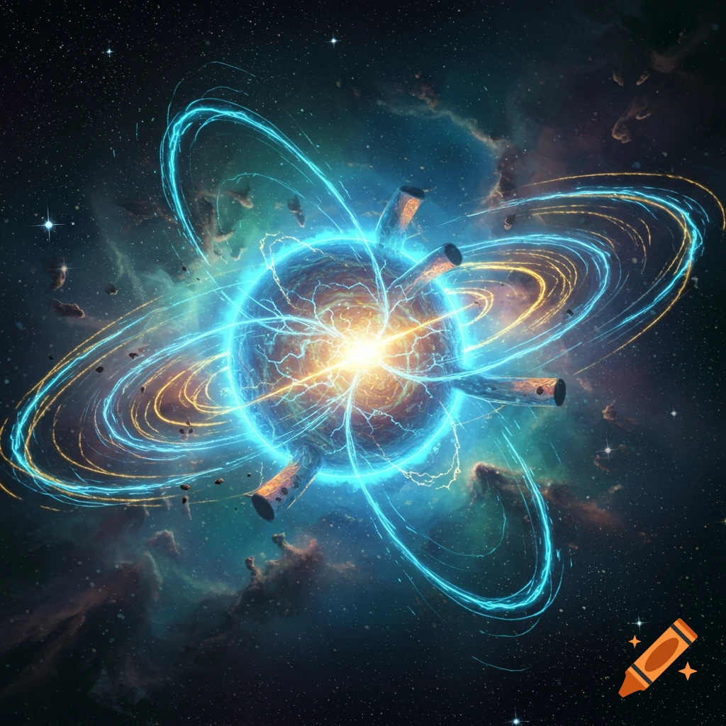 A vibrant blue and orange energy core with swirling magnetic fields and orbiting debris against a dark, star-filled nebula.