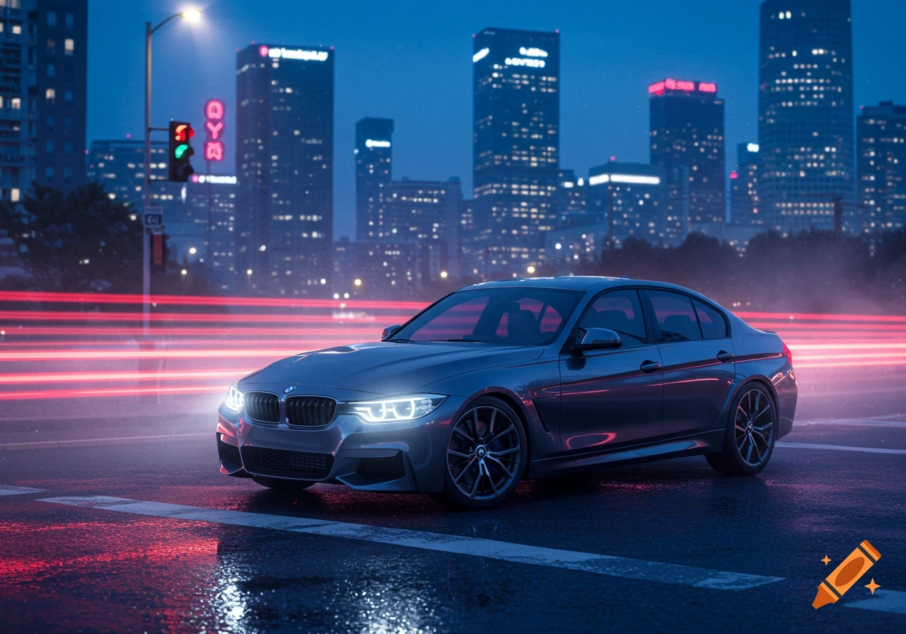 A dark gray BMW sedan on a wet city street at night, with light trails and illuminated skyscrapers in the background, photorealistic.