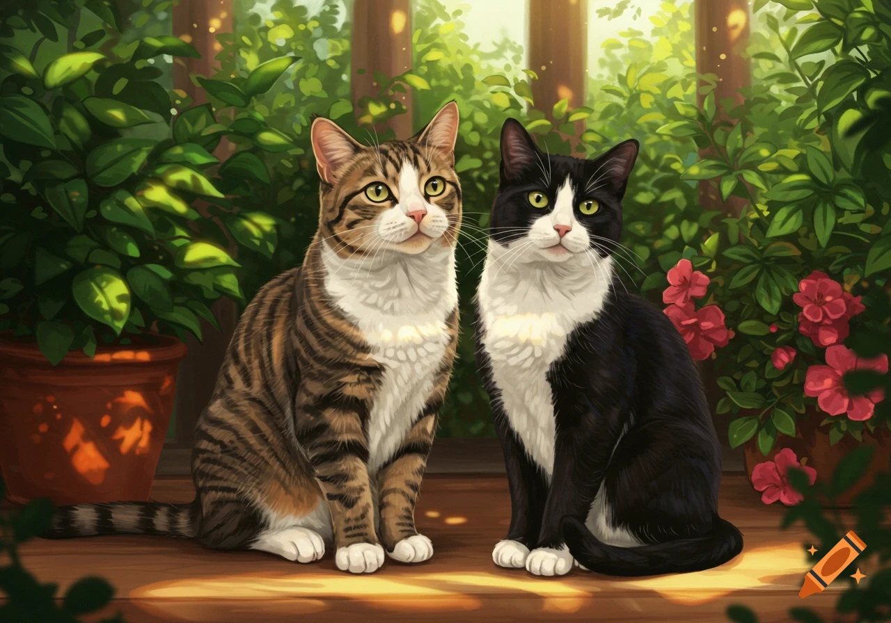 Digital art of a tabby cat and a black and white cat sitting on a wooden surface in a sunlit garden.