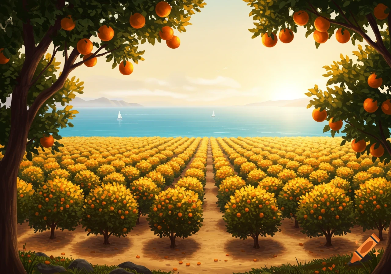 Illustrated landscape of an orange grove extending to a calm sea with sailboats under a bright sky.