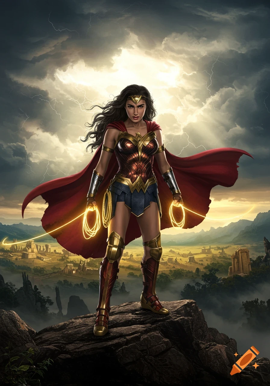 Wonder Woman stands on a rocky peak, holding glowing lassoes, overlooking ancient ruins under a dramatic, lightning-filled sky.