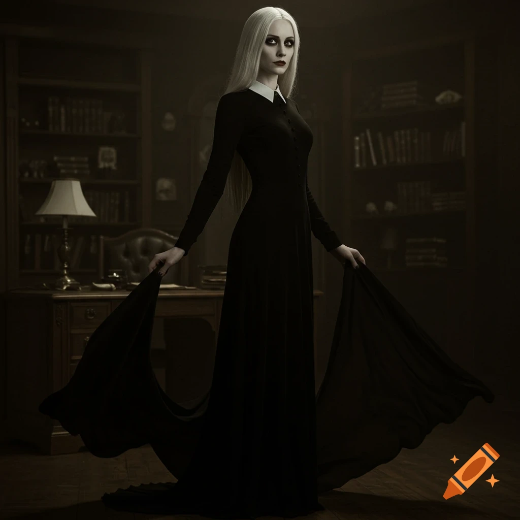 A pale woman with long white hair in a black dress stands in a dimly lit room with bookshelves, in a gothic style.