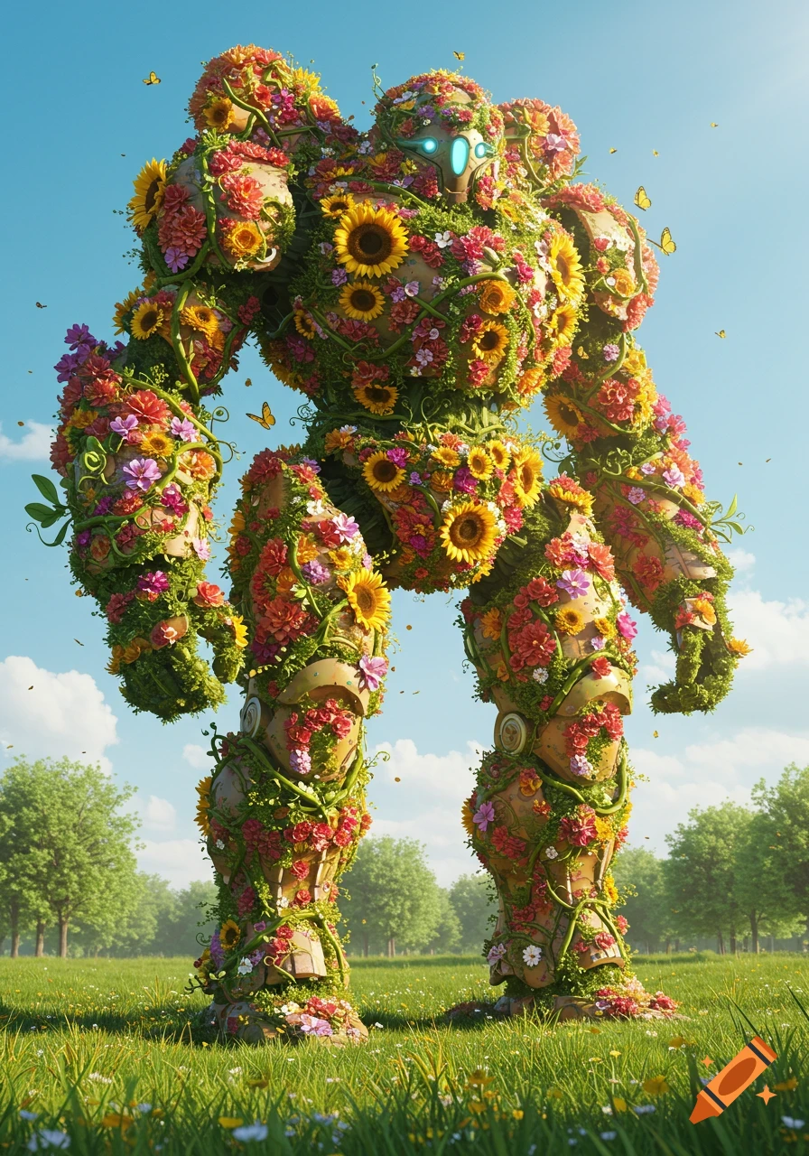 A giant, photorealistic mech suit covered in colorful flowers and vines stands in a sunny green field with trees and butterflies under a blue sky.