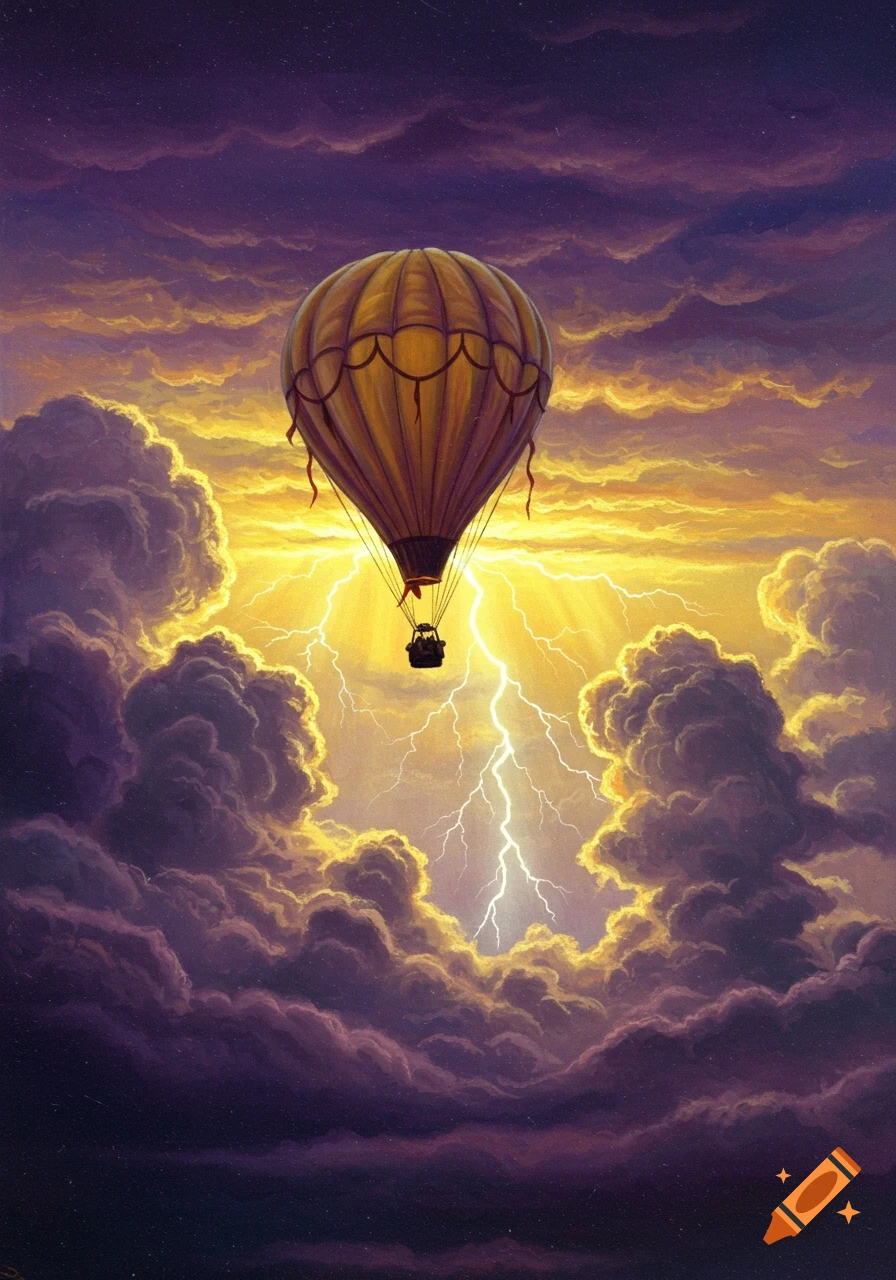 Oil pastel painting of a hot air balloon in a stormy sky with purple and yellow clouds and striking lightning.
