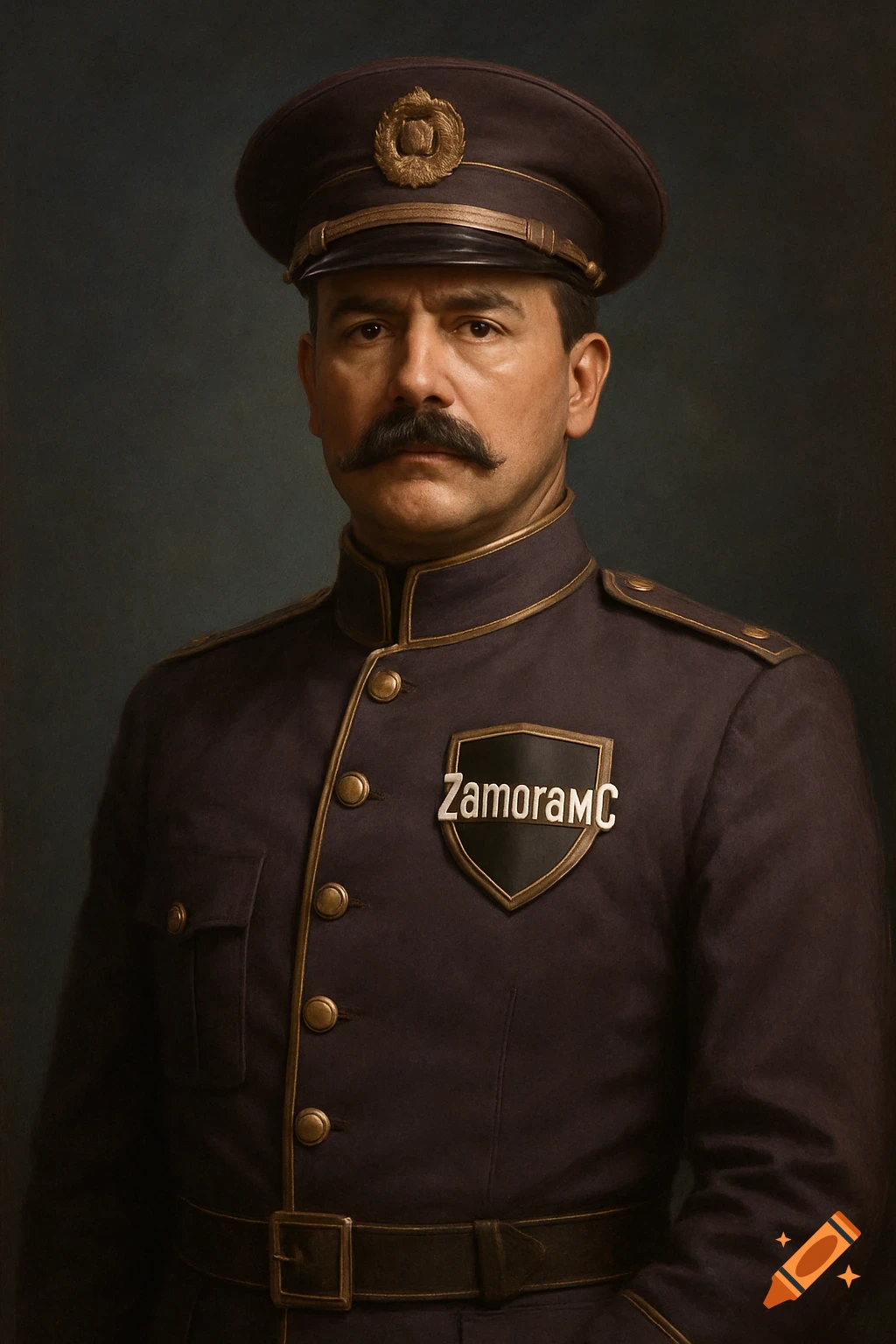 Photorealistic portrait of a man with a mustache in a dark uniform and cap, featuring a 'ZamoraMC' badge.