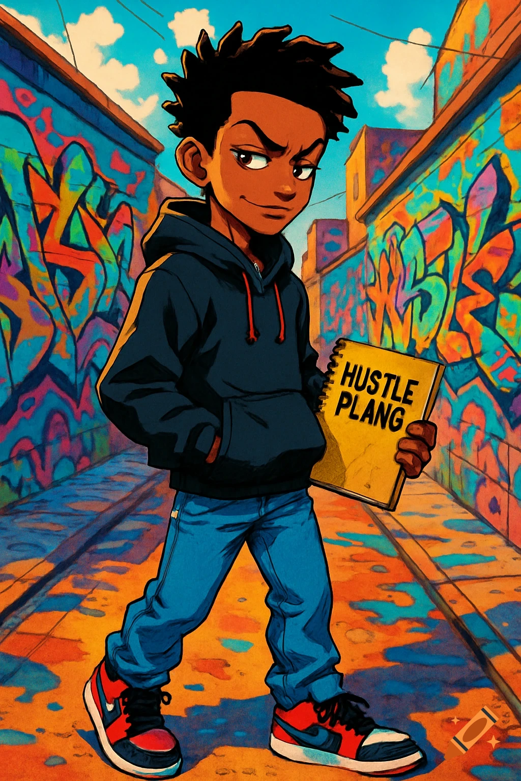 Boondocks-style anime of a smirking young Black man holding a notebook that reads 'HUSTLE PLANG' in front of a graffiti wall.