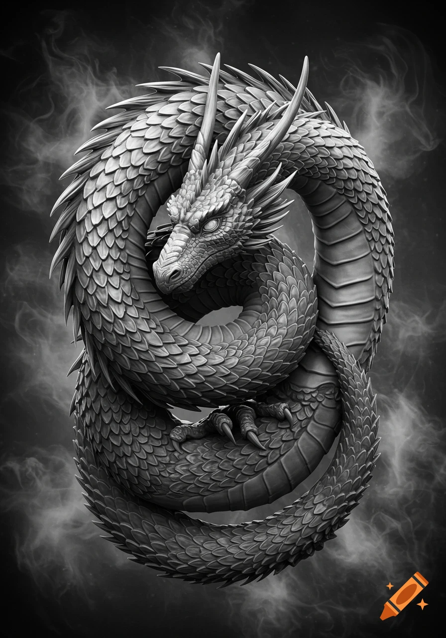 Detailed black and white mythical dragon, scales and horns, curled against a smoky dark background.