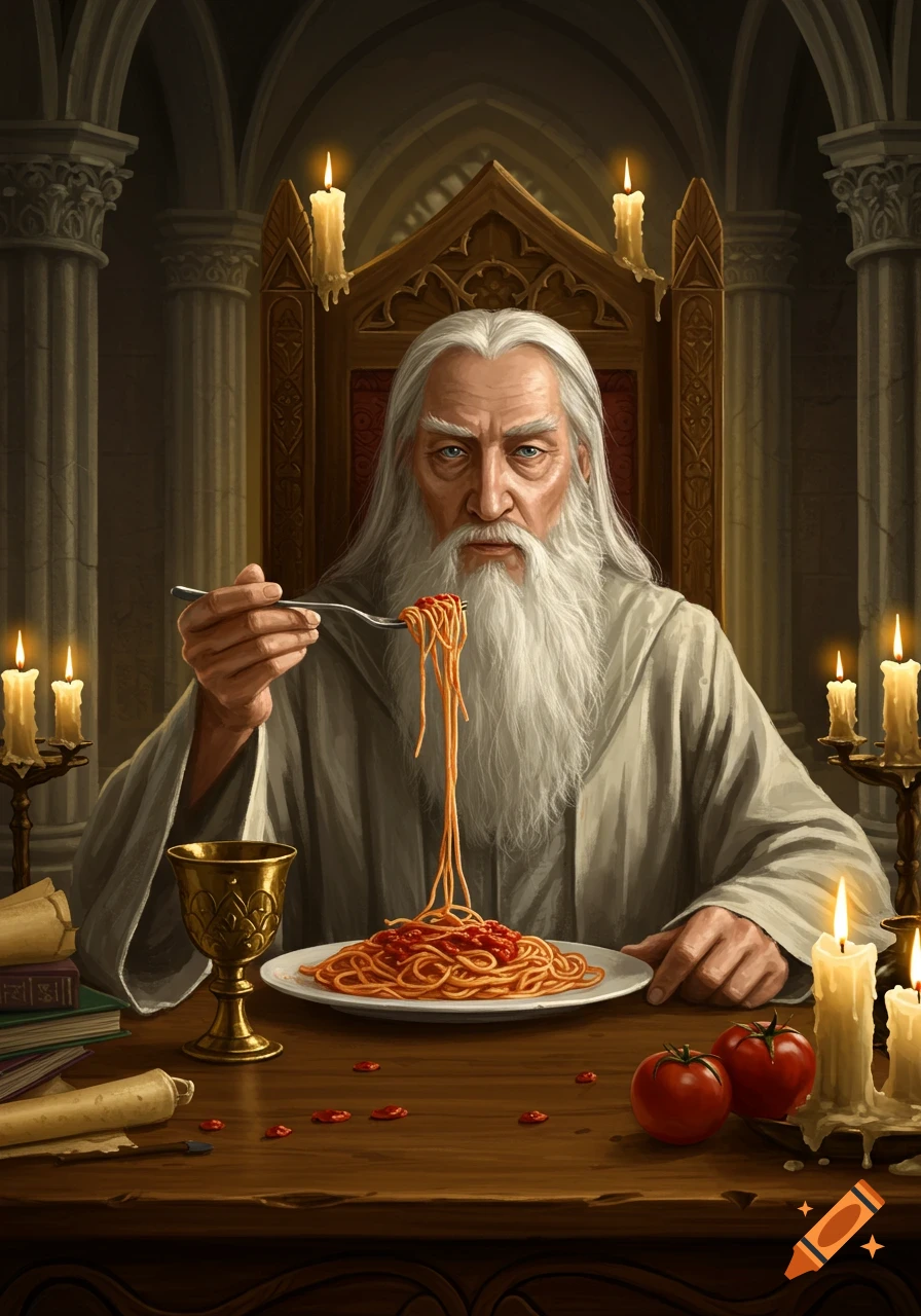 A fantasy art portrait of a white-bearded wizard in a robe eating spaghetti with a fork at a candlelit wooden table.