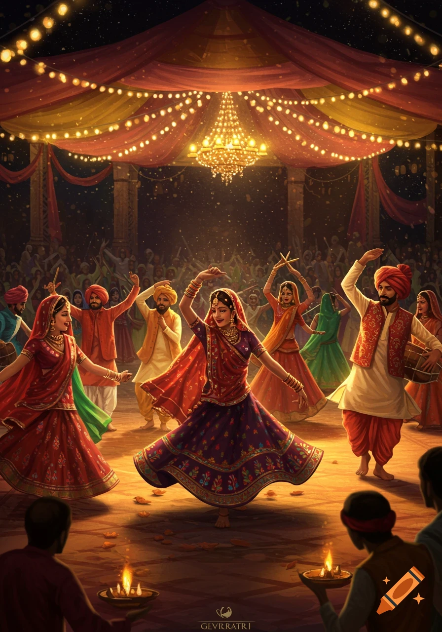 Vibrant illustration of a Navratri Garba festival with people in traditional Gujarati attire dancing under string lights and a chandelier at night.