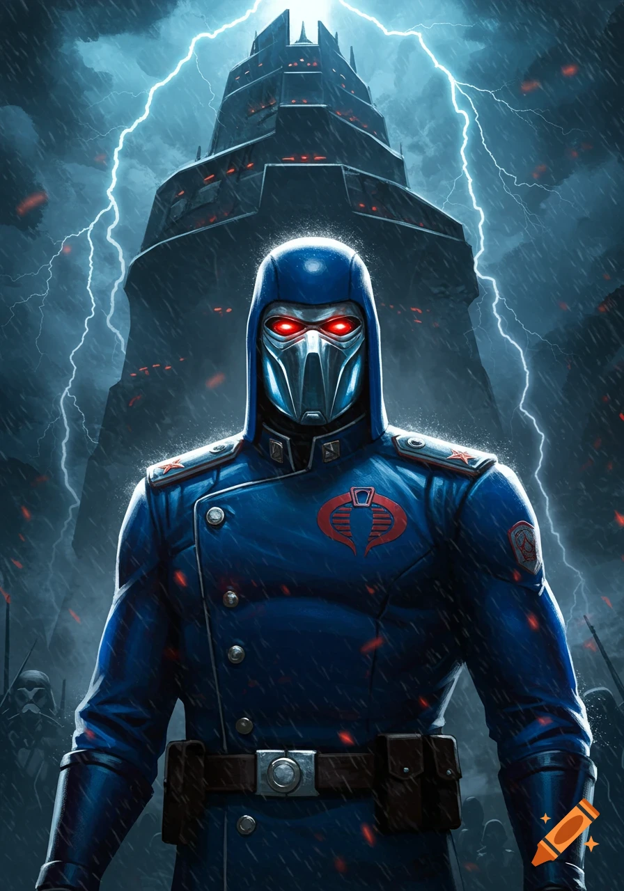 Cobra Commander in a blue uniform with a masked face and red glowing eyes stands in rain, lightning striking a dark tower.