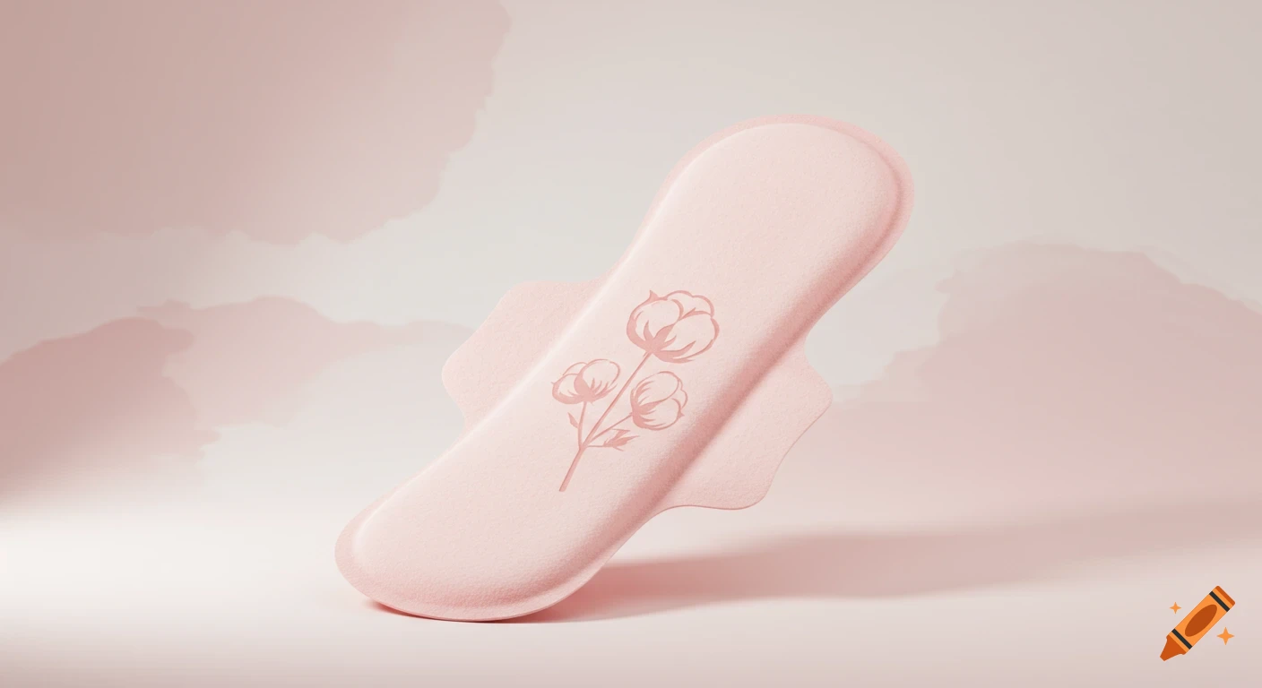 A pale pink sanitary pad with a cotton flower design, presented on a light pink background.