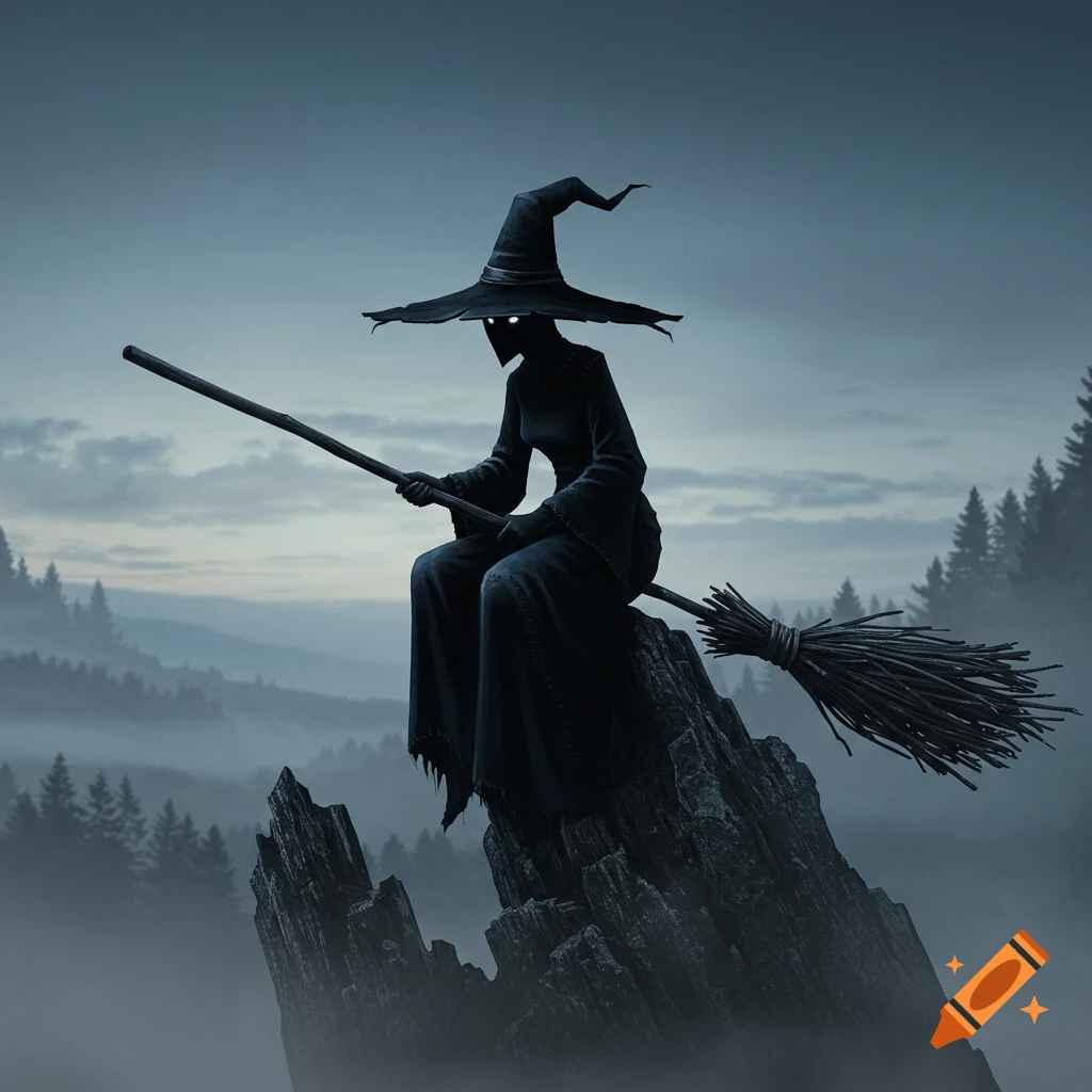 A dark, shadowy witch with glowing eyes sits on a jagged peak, holding a broom, overlooking a misty forest.