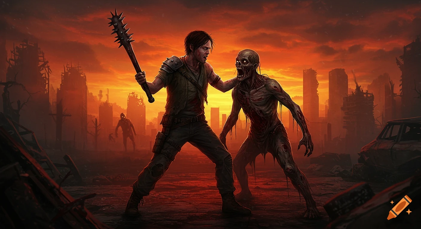 A man with a spiked bat fights a grotesque zombie in a post-apocalyptic city at sunset, with more zombies in the background. Digital art.
