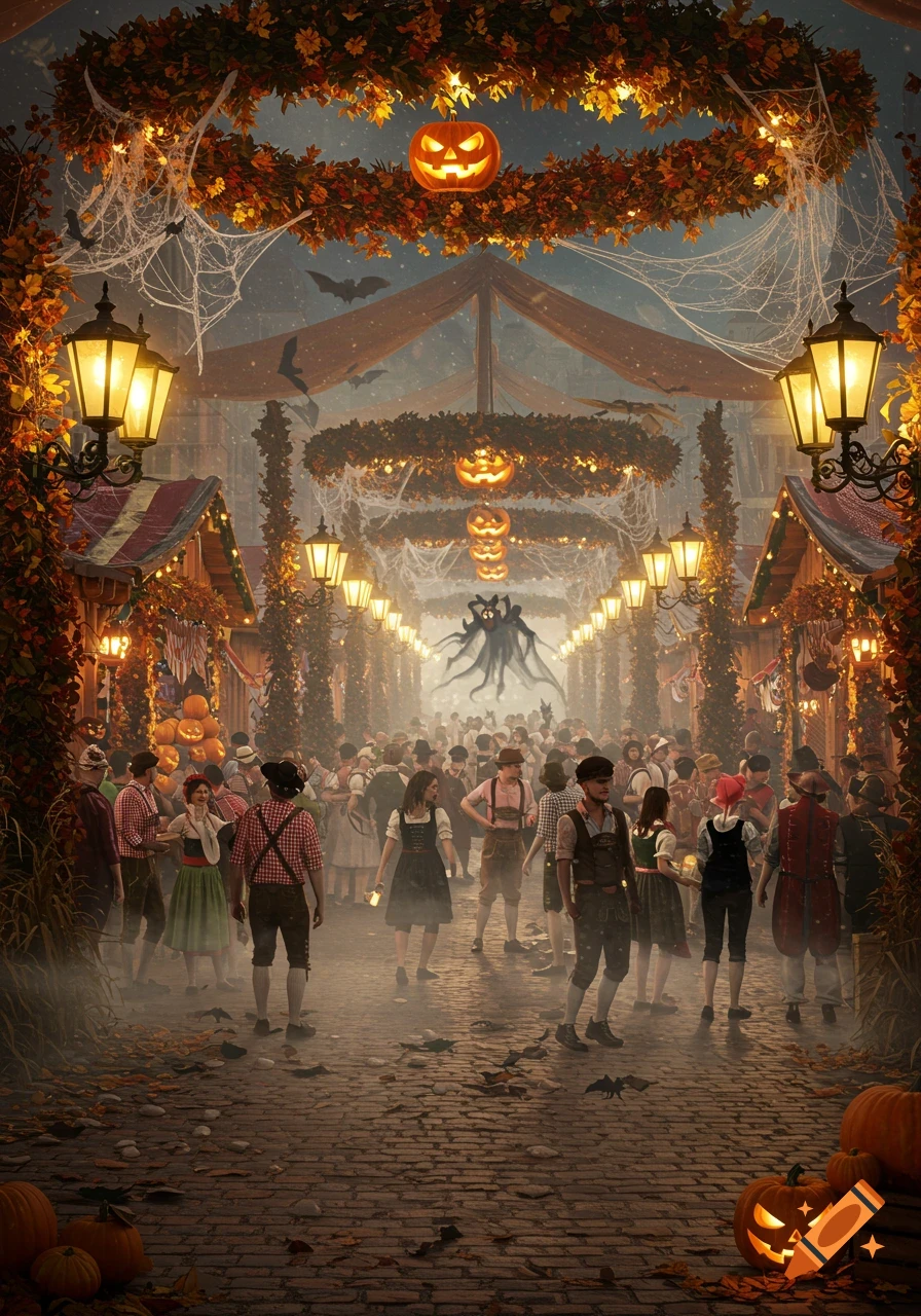 Photorealistic Halloween-themed Oktoberfest street with costumed crowd, lanterns, pumpkins, autumn leaves, and a ghostly figure.