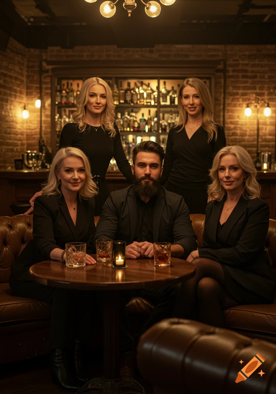 A man with a beard and four blonde women pose in a dimly lit bar, some seated at a table with drinks.