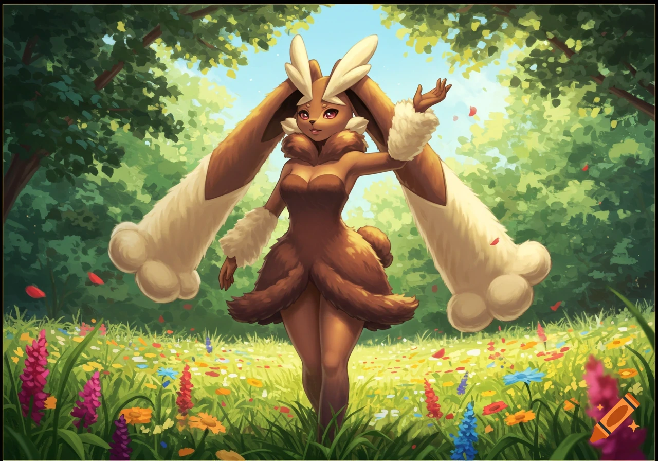 An anthropomorphic Lopunny character stands in a sunny, vibrant forest clearing with colorful wildflowers and green trees, in a digital painting style.