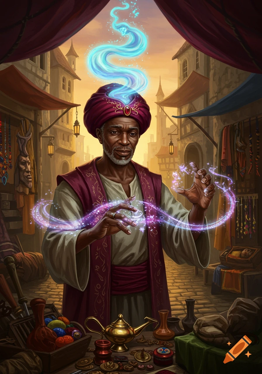 An old Black man in a turban performs magic in a bustling market, with a glowing spirit above his head and a magic lamp on a table.