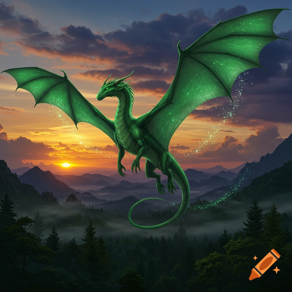 Vibrant green dragon with large wings flies over a misty forest and mountains at sunset, leaving a trail of sparkling magic.