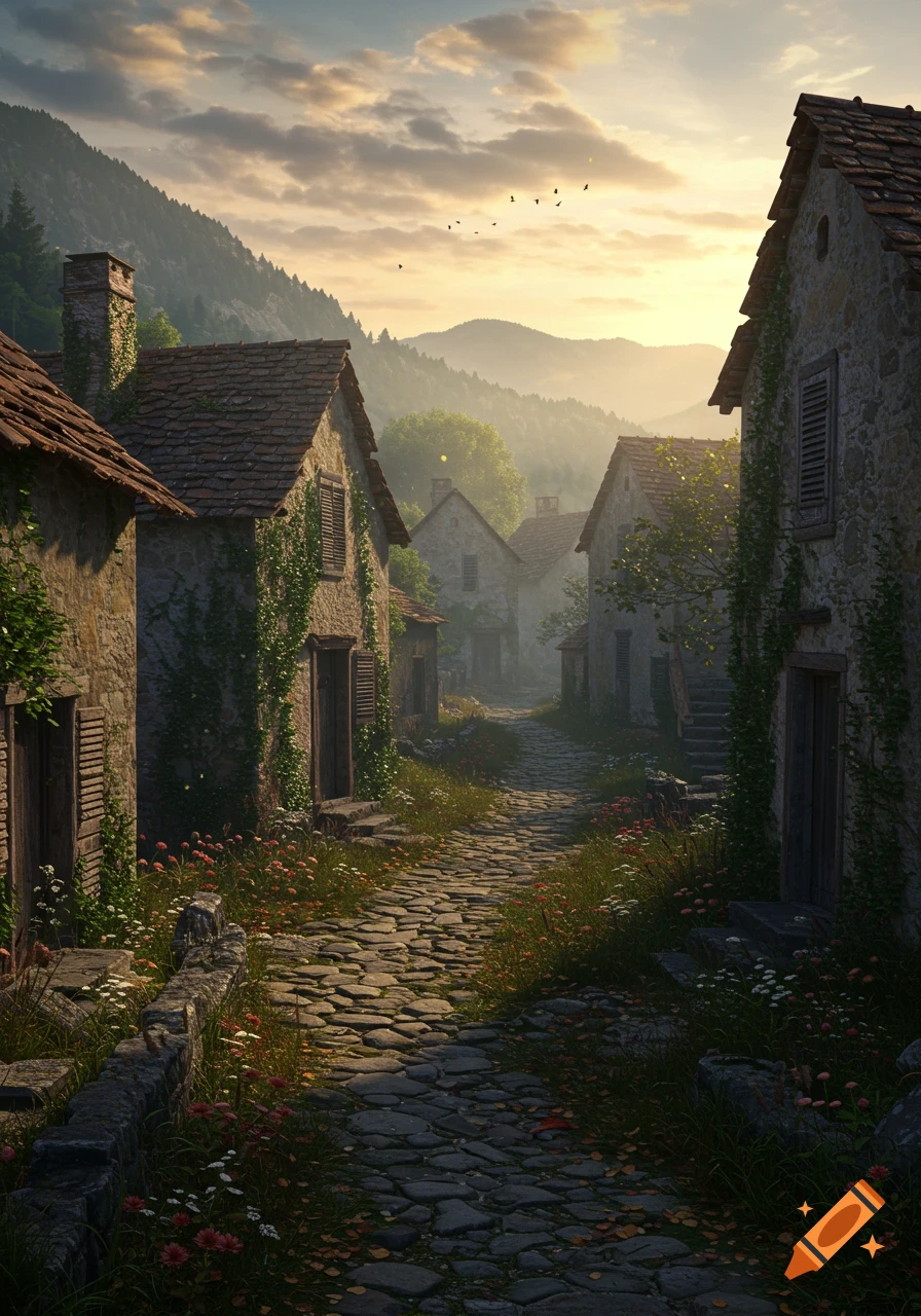 A photorealistic rendering of an old, abandoned village with stone houses covered in vines, a cobblestone path, and mountains at sunset.