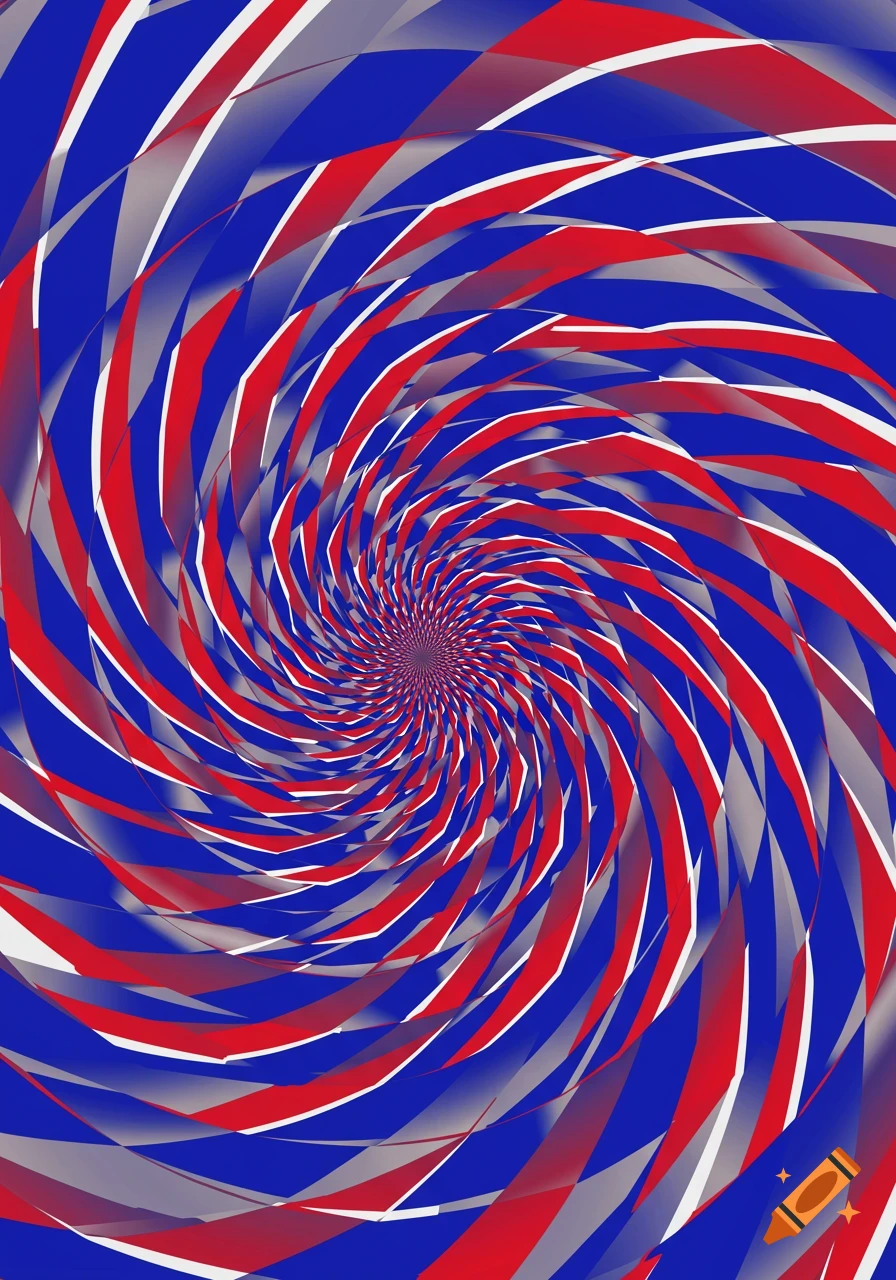 Vibrant red, blue, and white geometric pattern spiraling inward, creating an optical illusion.