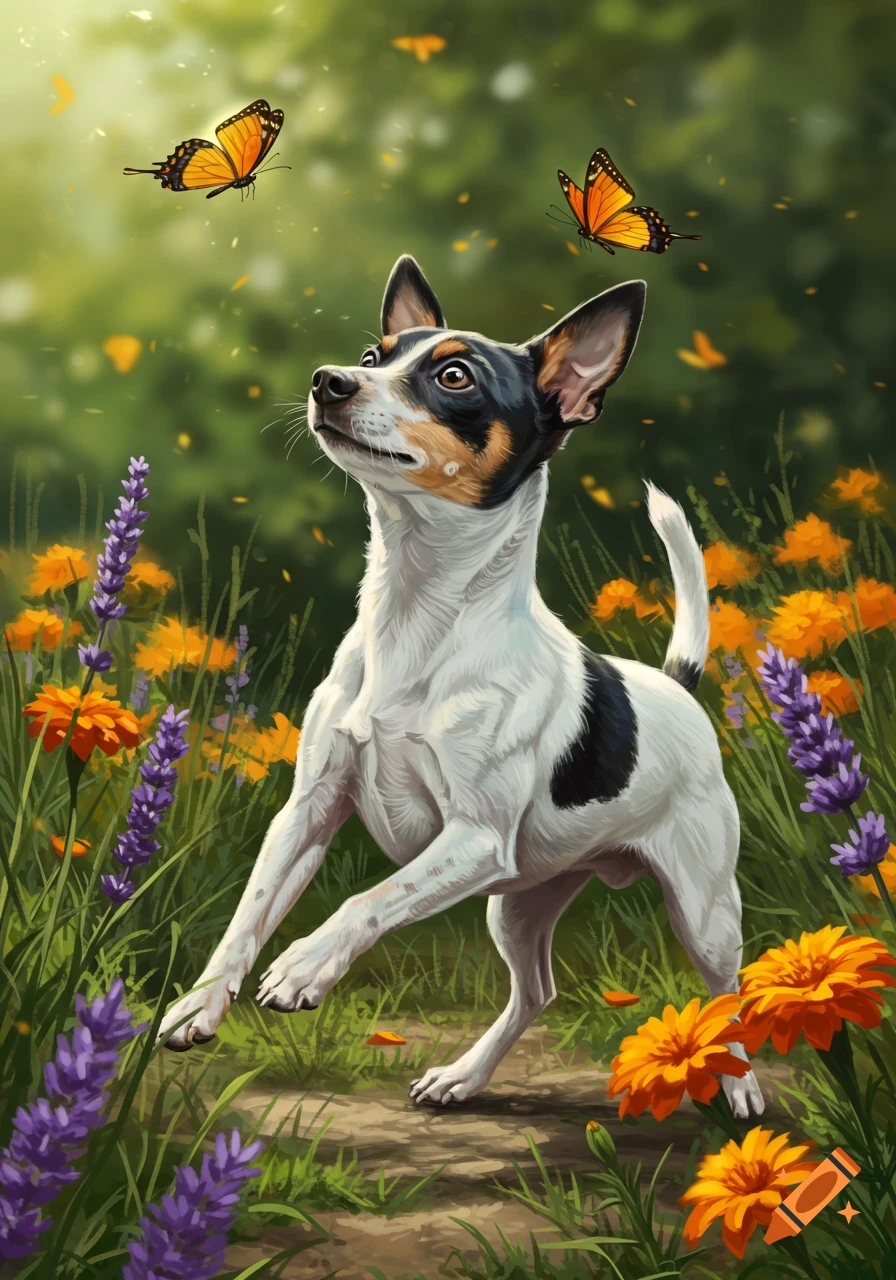 Tricolor rat terrier dog looking at monarch butterflies in a field of purple and orange flowers, painted illustration.