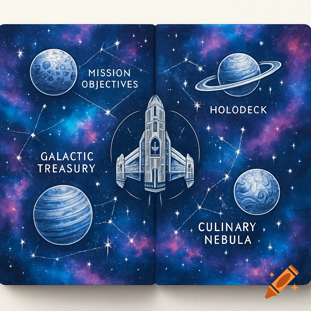Colorful sci-fi star map on a two-page journal spread with a central spaceship, planets, and labeled sections like 'Holodeck'.