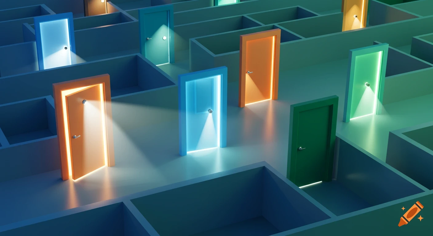 A 3D render of a maze with many colorful doors, some open with glowing light, set in a modern, abstract blue and green environment.