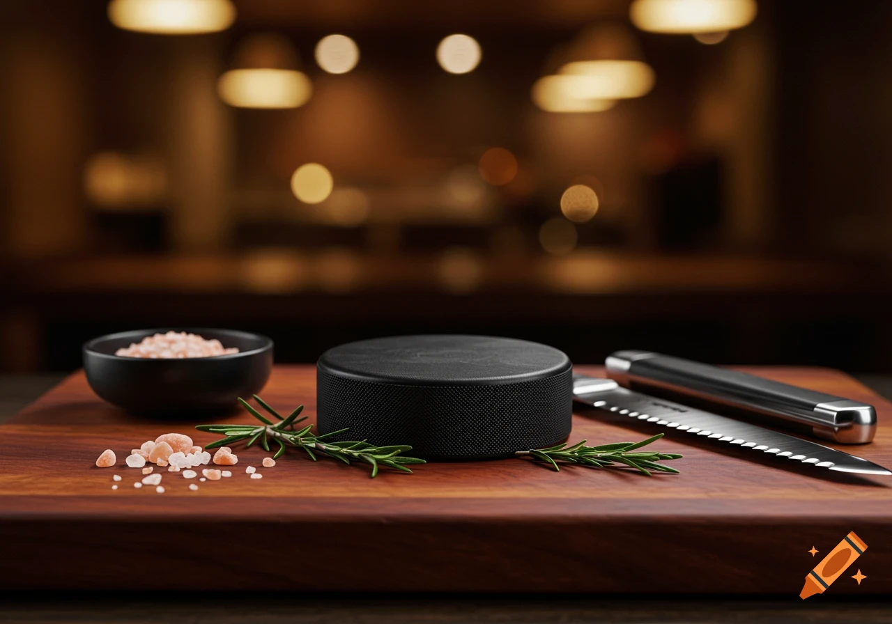 A black hockey puck on a wooden cutting board with rosemary, pink salt, and a knife, in a blurred warm-lit background.