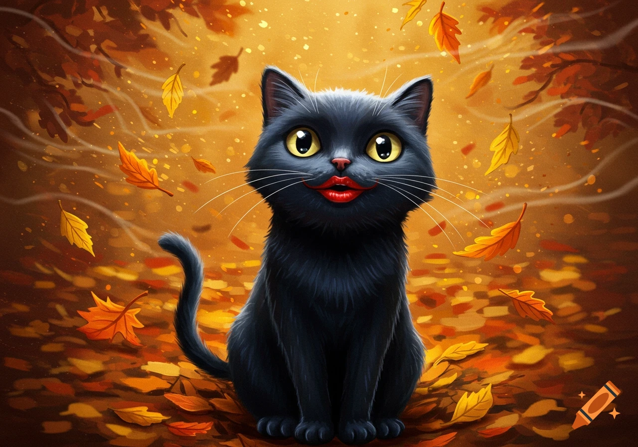 A cute cartoon black cat with big yellow eyes, red lipstick, and a happy smile sits among falling orange and yellow autumn leaves.
