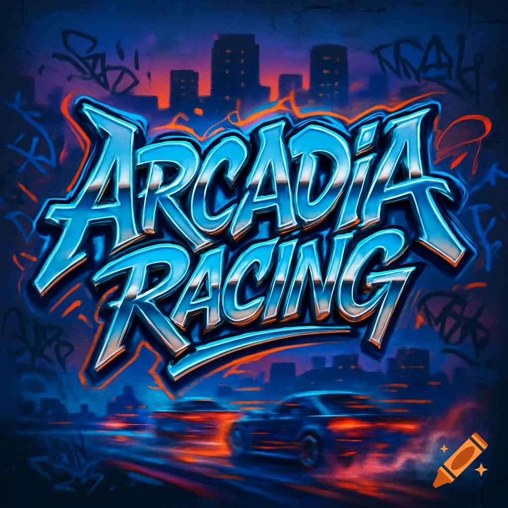 Stylized graffiti text 'ARCADIA RACING' in neon blue above racing cars speeding through a dark cityscape.