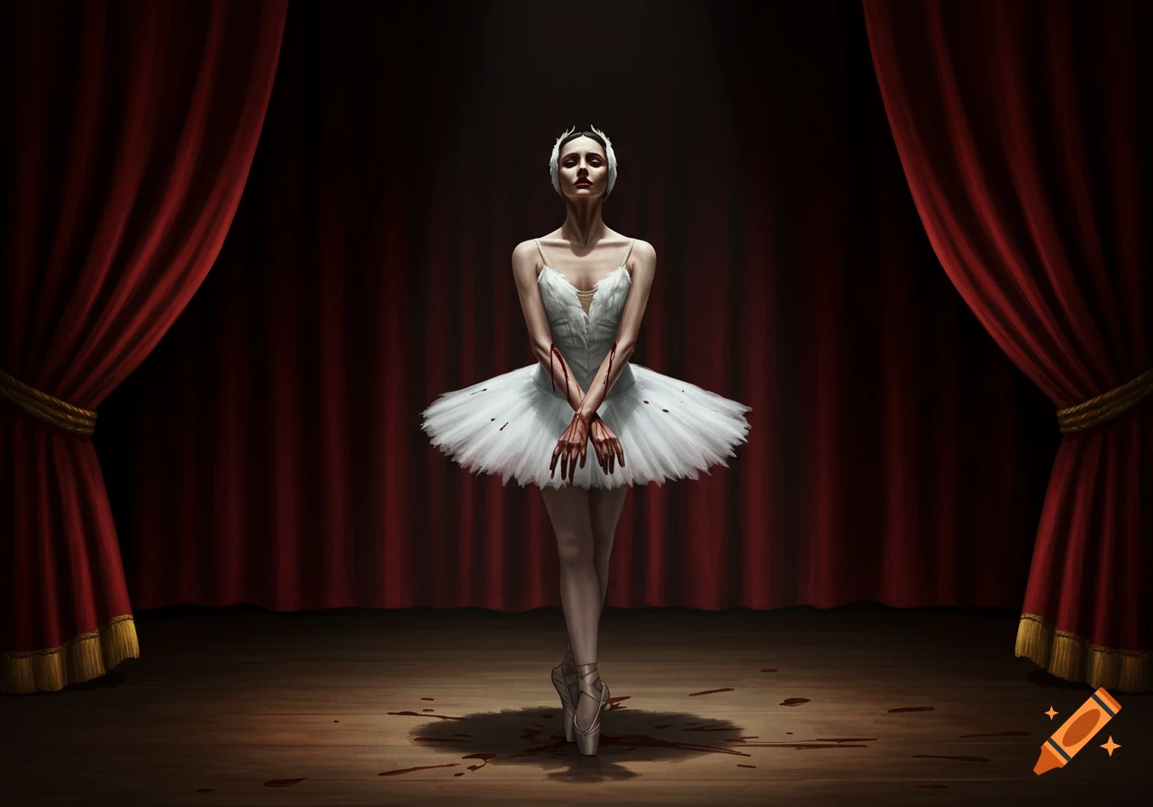 A blood-splattered ballerina in a white tutu stands on pointe on a wooden stage with red curtains.