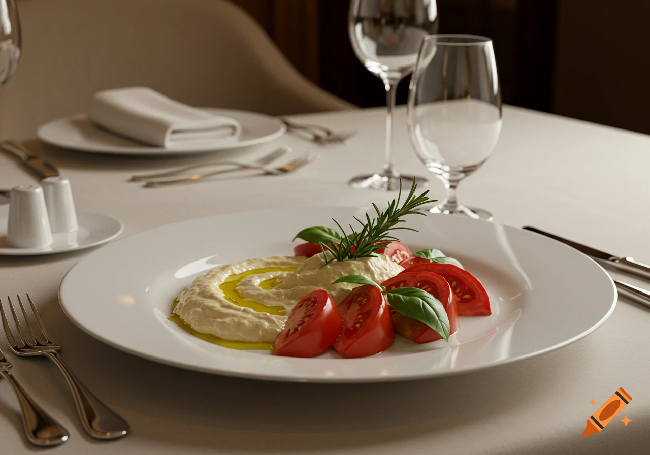 A sophisticated dish of tomatoes, Lebanese garlic cream, and herbs on an elegantly set table in an upscale restaurant, photorealistic.
