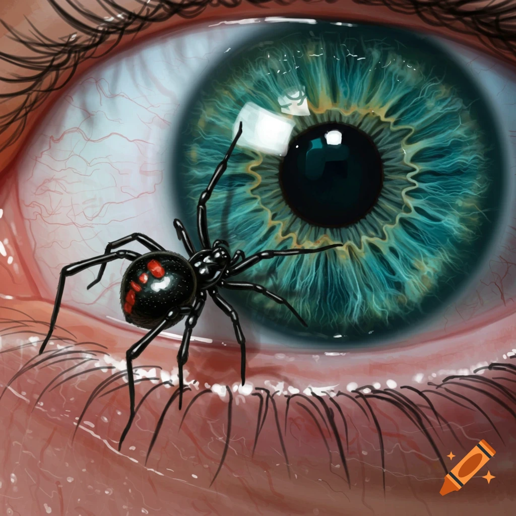 A close-up, photorealistic image of a black widow spider with red markings crawling on a human eyeball.