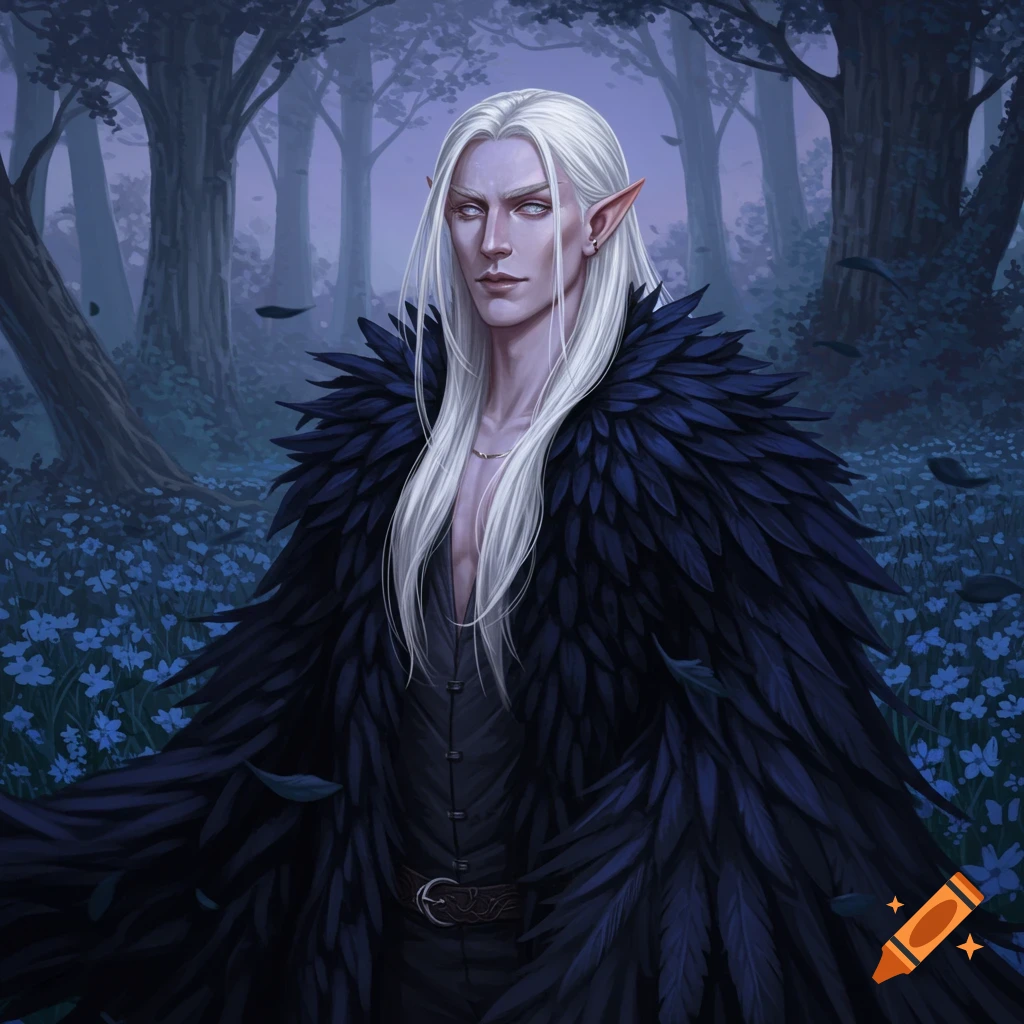 A pale, white-haired elven man in a black feather coat stands in a dark, magical forest with blue flowers.