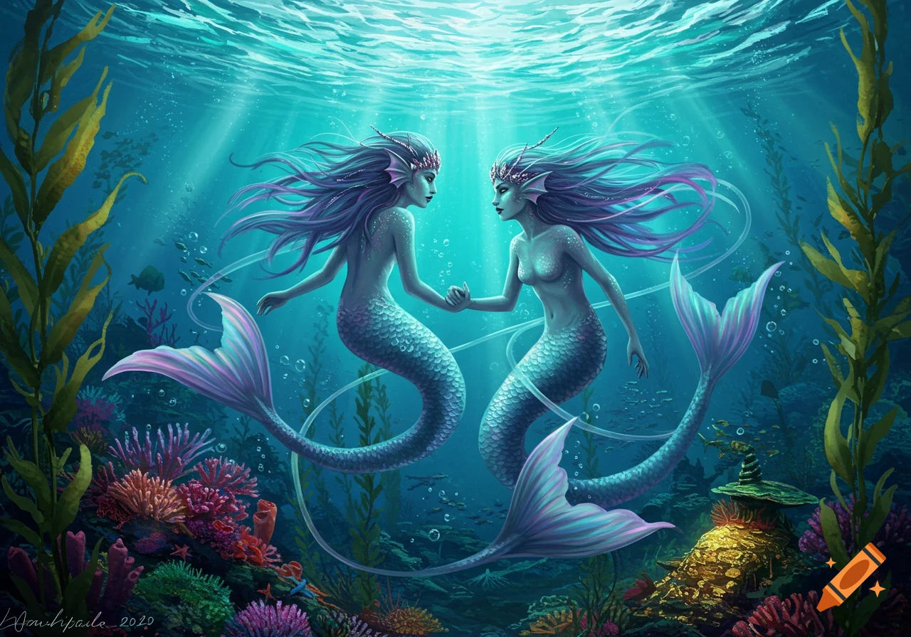Two mermaids with flowing purple hair and shimmering tails hold hands underwater amidst vibrant coral and kelp, artistic style.