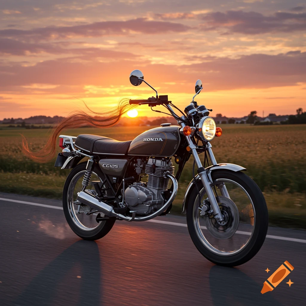 A photorealistic Honda CG125 motorcycle with long brown hair flying behind it, speeding down a rural road at sunset.