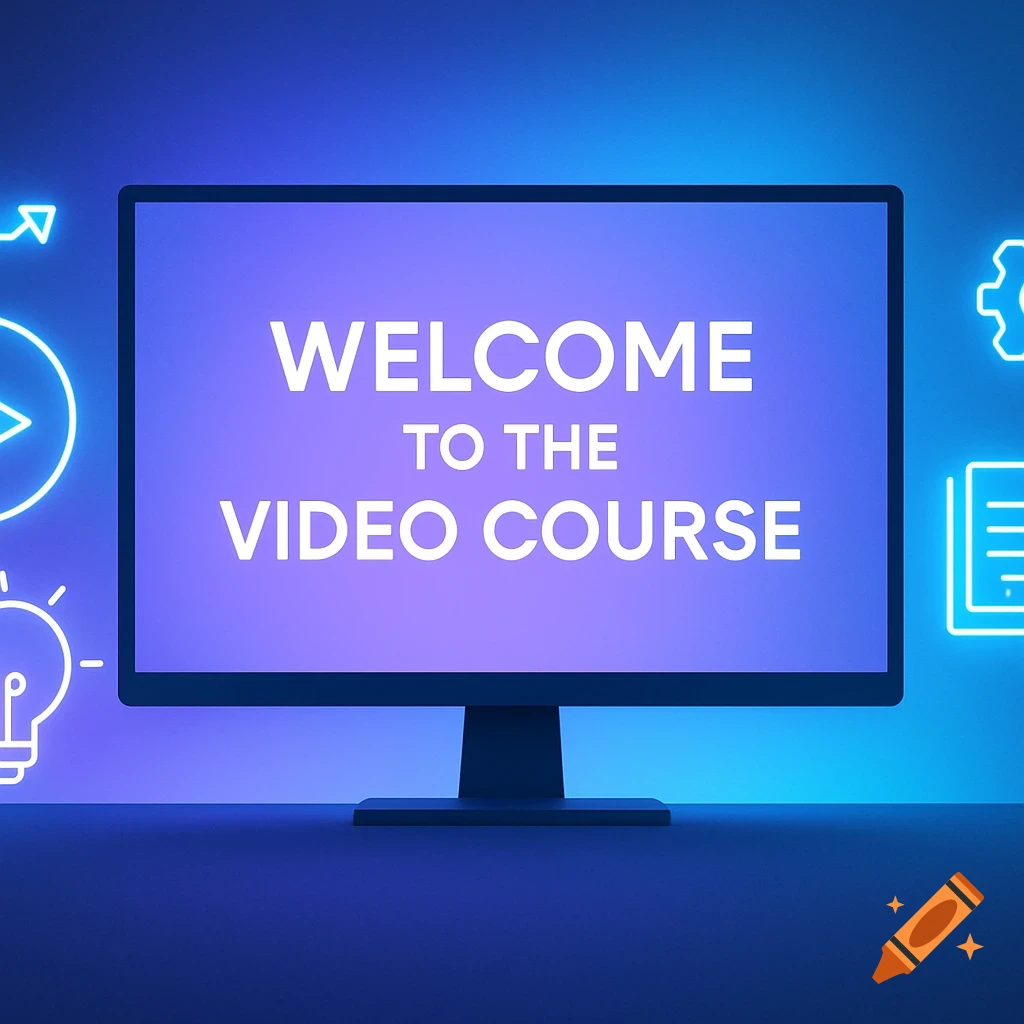 A computer monitor displaying "WELCOME TO THE VIDEO COURSE" surrounded by glowing neon-style icons on a blue background.