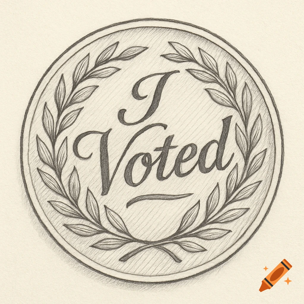 Pencil sketch of a circular 'I Voted' sticker framed by a laurel wreath on a textured background.