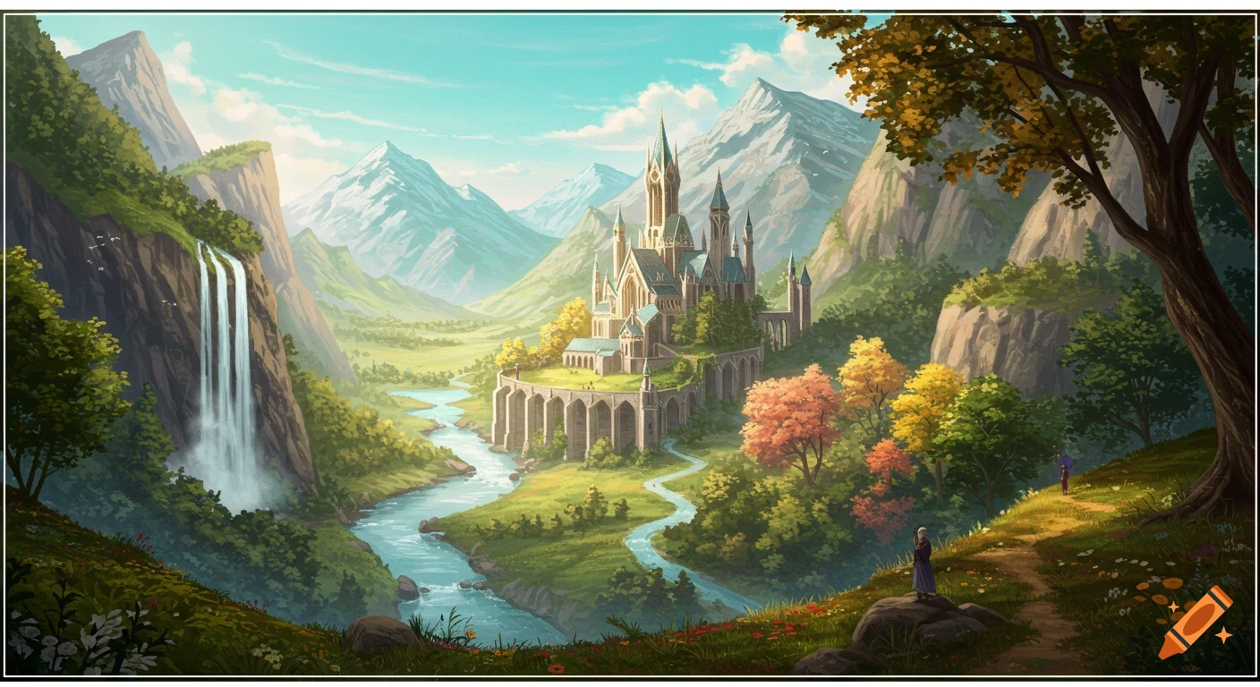 A majestic fantasy castle in a lush valley with a winding river, waterfall, and distant mountains under a blue sky.