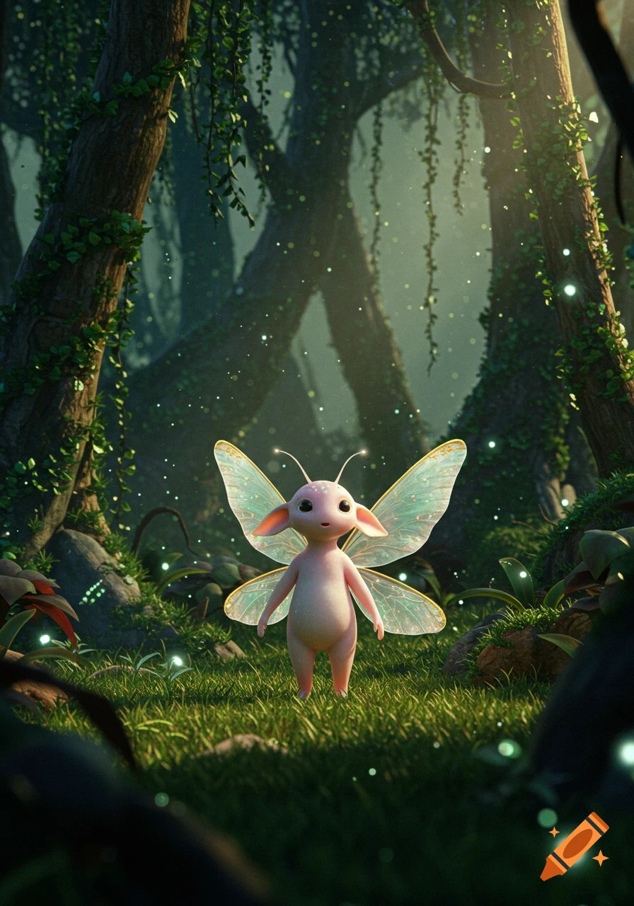 A cute pink fairy-like creature with glowing wings stands in a magical, lush green forest with sparkling particles.