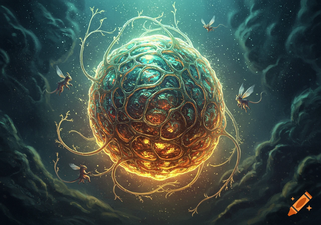 A vibrant, glowing, cellular orb with root-like tendrils floats in a dark, starry space, surrounded by small winged creatures.