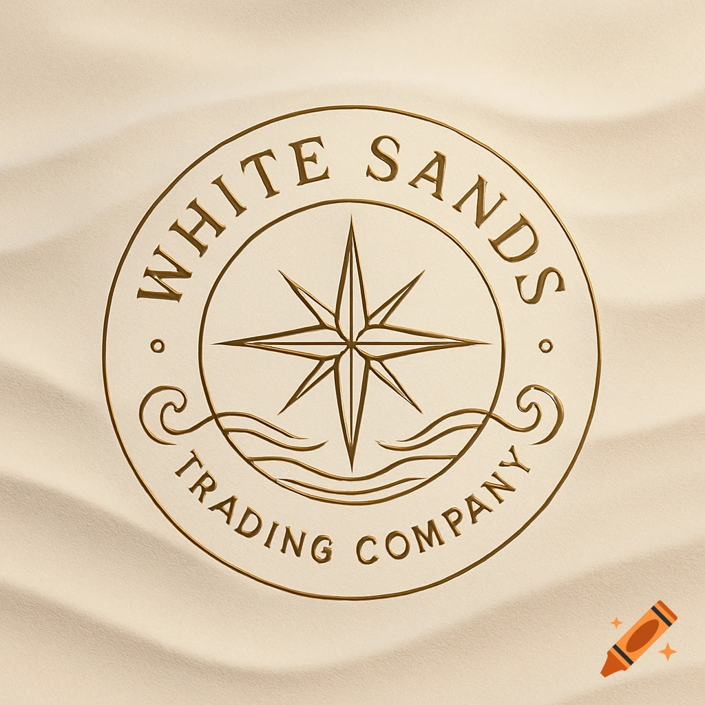 Gold circular 'White Sands Trading Company' emblem featuring a compass rose and waves on a textured sandy background.