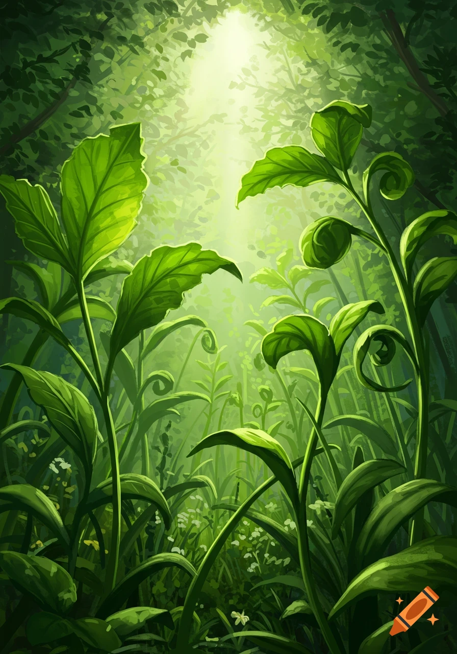 Lush green plants and ferns growing in a bright, sunlit forest with a stylized, painterly look.