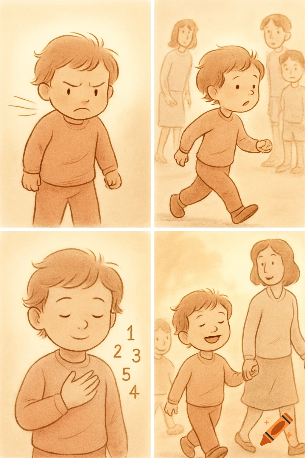 Four-panel cartoon: an angry child calms by breathing, then smiles walking with a teacher and classmates.