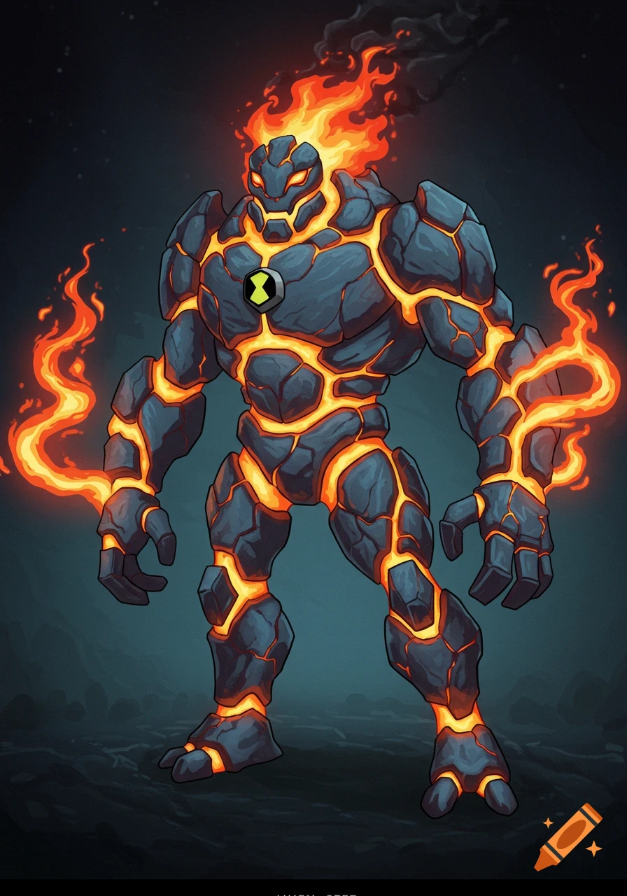 Cartoon alien character, Heatblast, with blue-grey rock skin, glowing orange lava cracks, and flames on its head and hands.